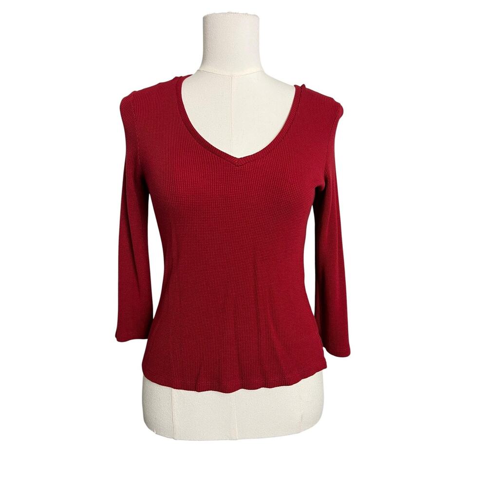 Red V Neck Waffle Knit Top Womens Medium Grunge Basic Comfy Cyrus Casual